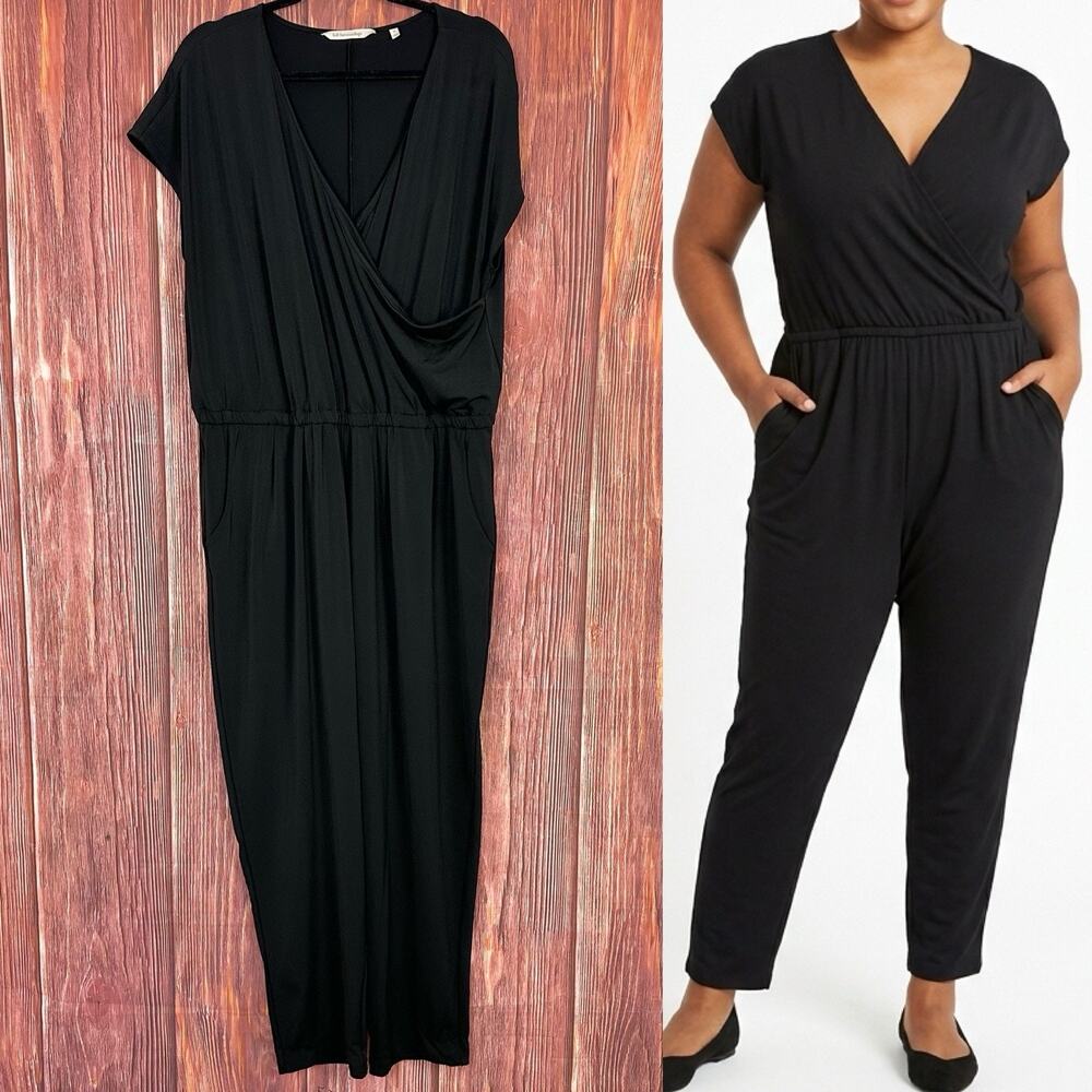 Soft Surroundings Jumpsuit Slinky Knit Wrap Black Short Sleeve Plus‎ Size 1X